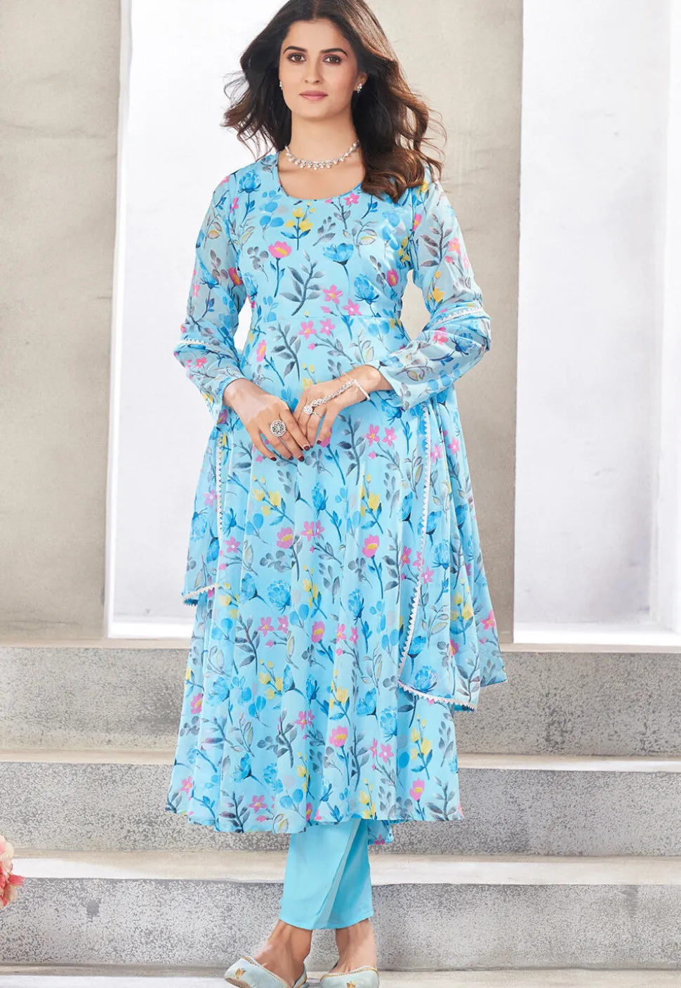 Digital Printed Georgette A Line Suit in Sky Blue