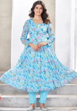 Digital Printed Georgette A Line Suit in Sky Blue