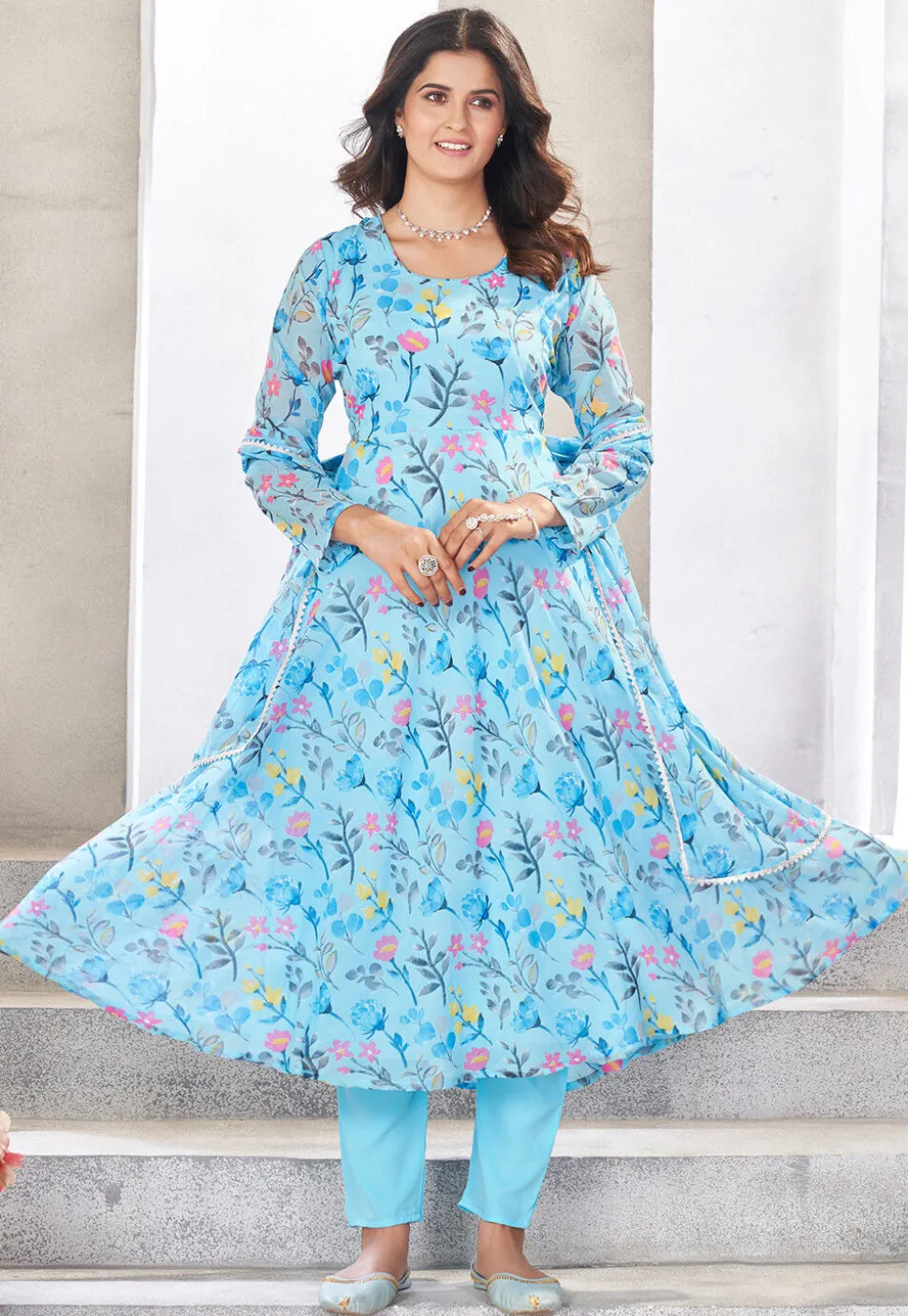 Digital Printed Georgette A Line Suit in Sky Blue