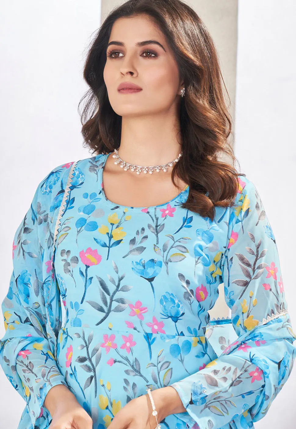 Digital Printed Georgette A Line Suit in Sky Blue