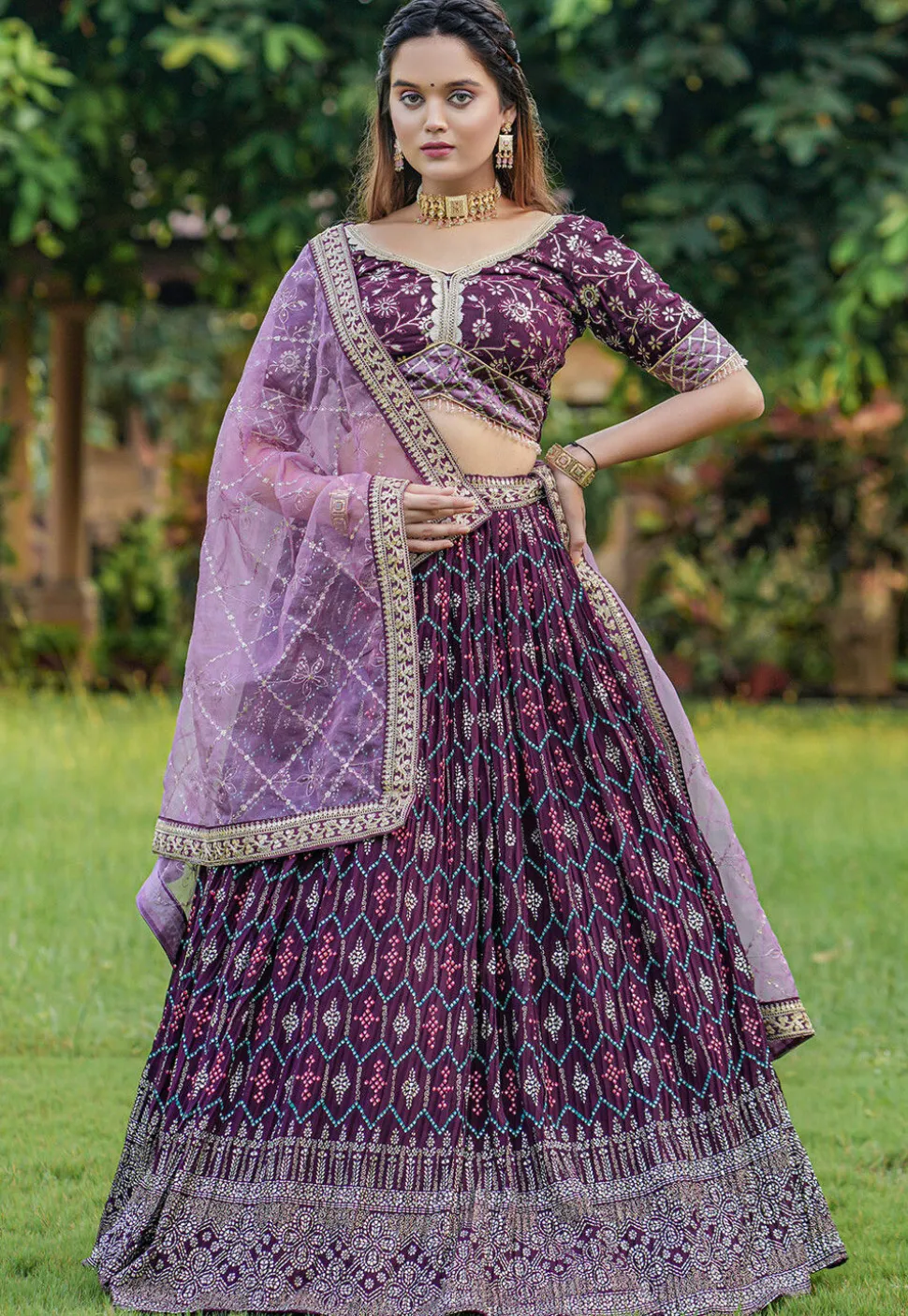 Digital Printed Georgette Lehenga in Purple