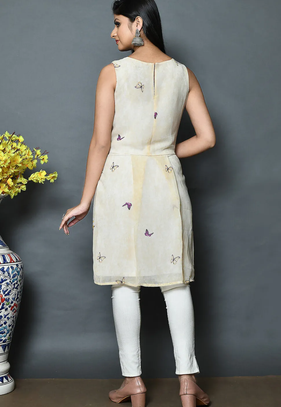 Digital Printed Georgette A Line Kurti in Cream