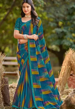 Digital Printed Georgette Saree in Teal Blue