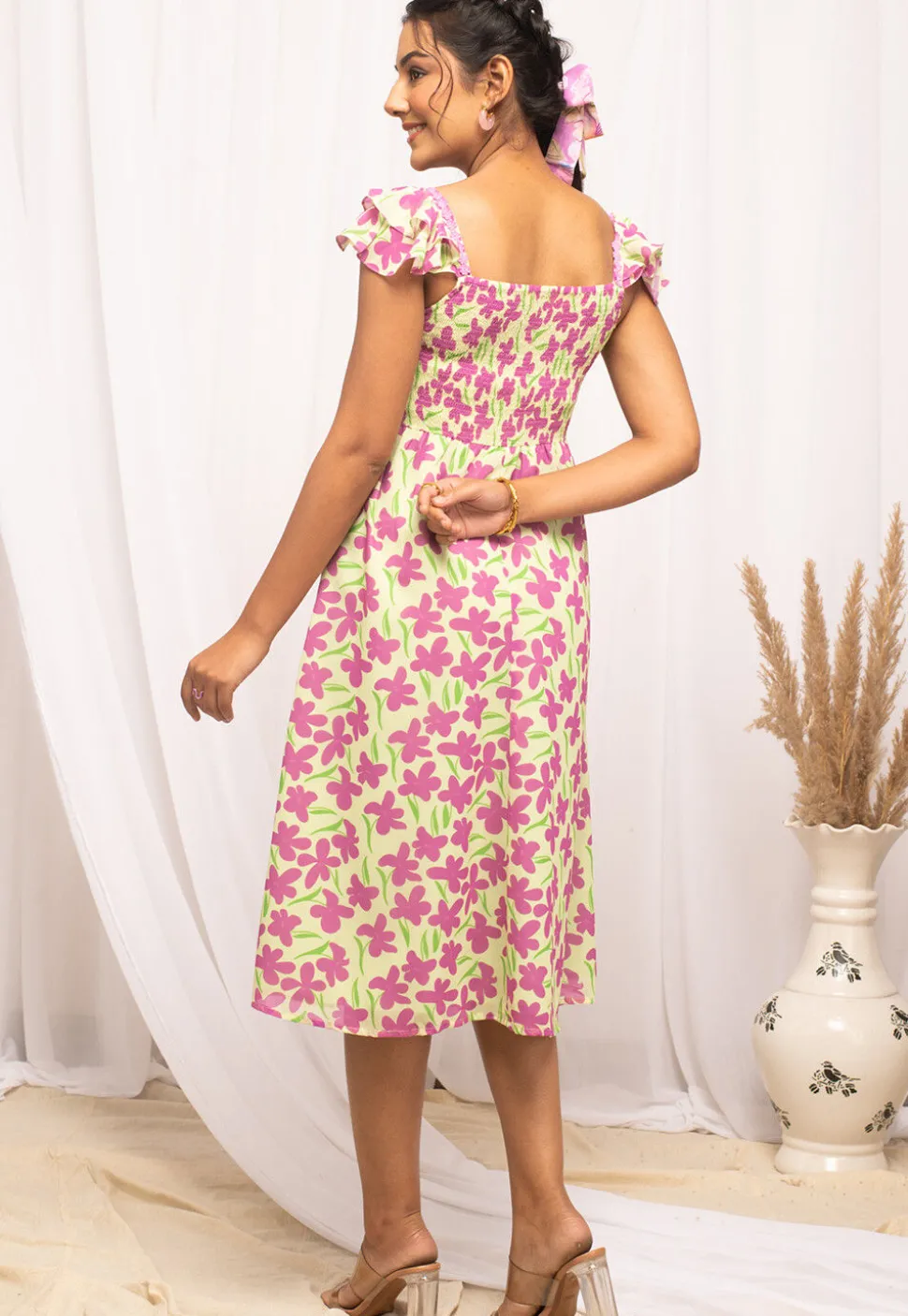 Digital Printed Georgette Midi Dress in Off White