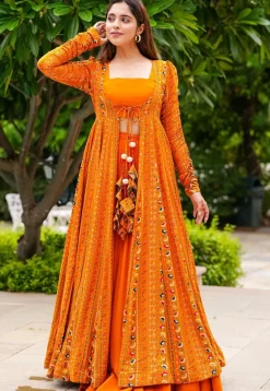 Digital Printed Georgette Crop Top Set in Orange