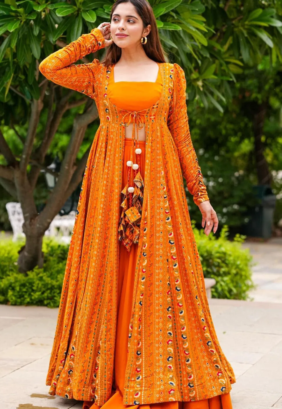 Digital Printed Georgette Crop Top Set in Orange