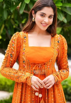 Digital Printed Georgette Crop Top Set in Orange