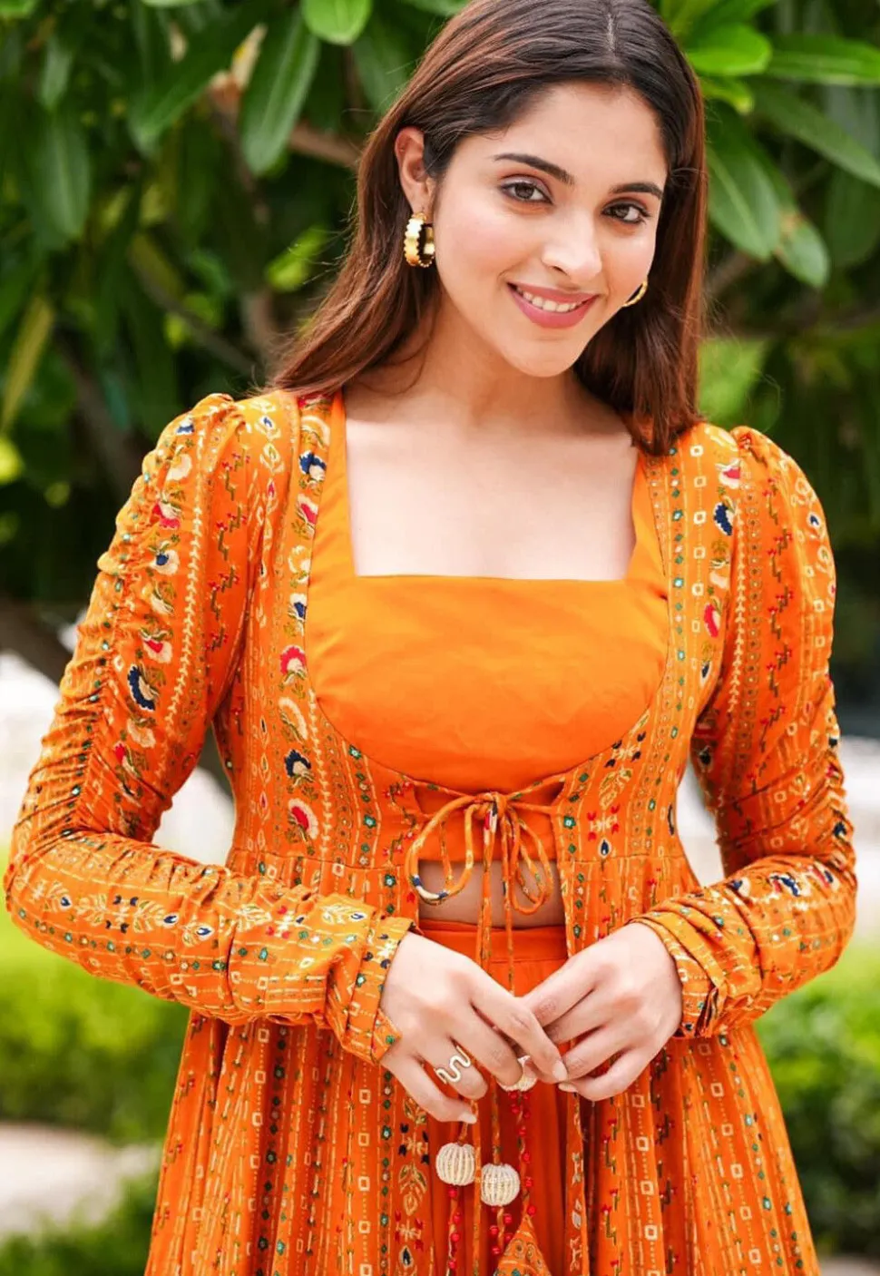 Digital Printed Georgette Crop Top Set in Orange