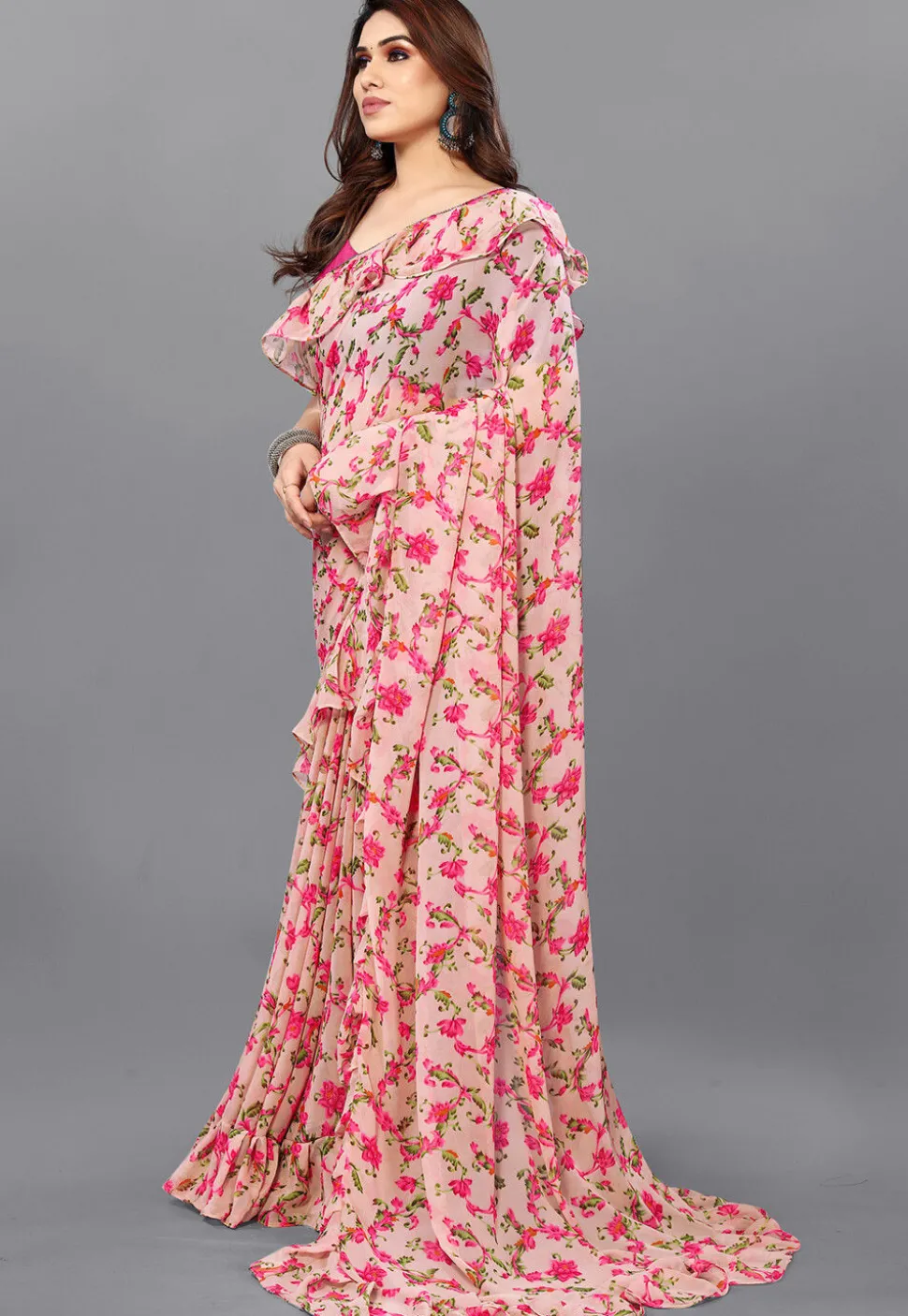 Digital Printed Georgette Saree in Peach