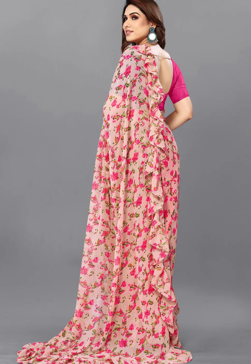 Digital Printed Georgette Saree in Peach