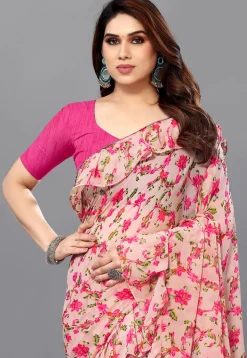 Digital Printed Georgette Saree in Peach