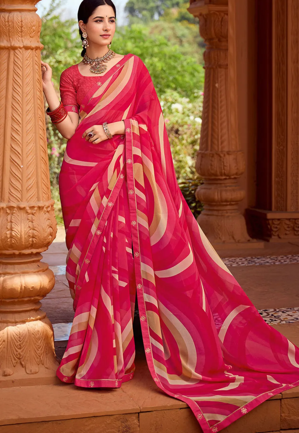 Digital Printed Georgette Saree in Fuchsia