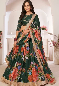 Digital Printed Georgette Lehenga in Dark Green