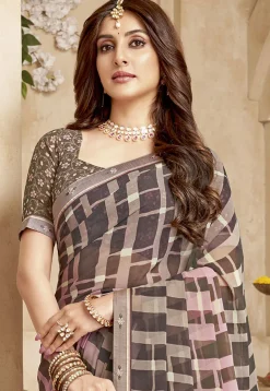 Digital Printed Georgette Saree in Brown