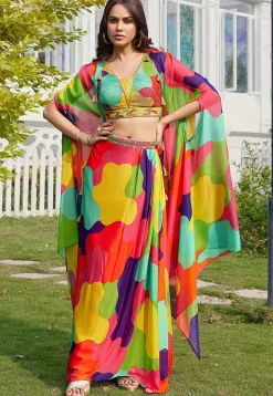Digital Printed Georgette Crop Top Set in Multicolor