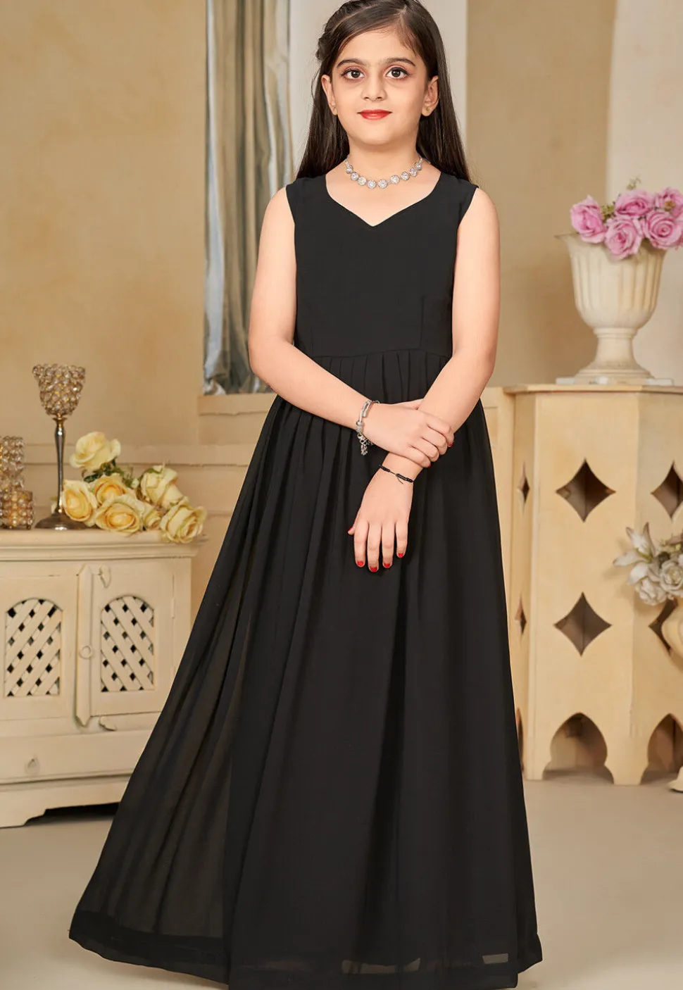 Digital Printed Georgette Gown with Jacket in Black