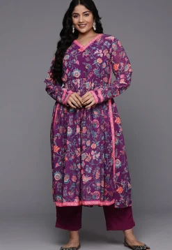 Digital Printed Georgette A Line Kurta Set in Purple