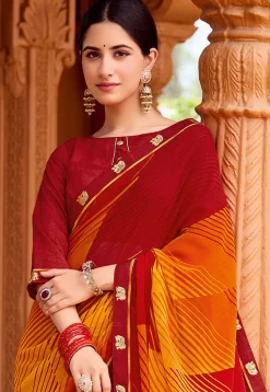 Digital Printed Georgette Saree in Mustard and Maroon