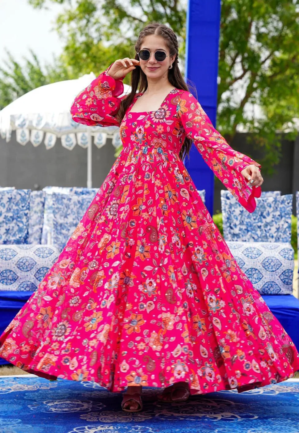 Digital Printed Georgette Gown in Fuchsia