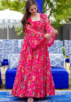 Digital Printed Georgette Gown in Fuchsia