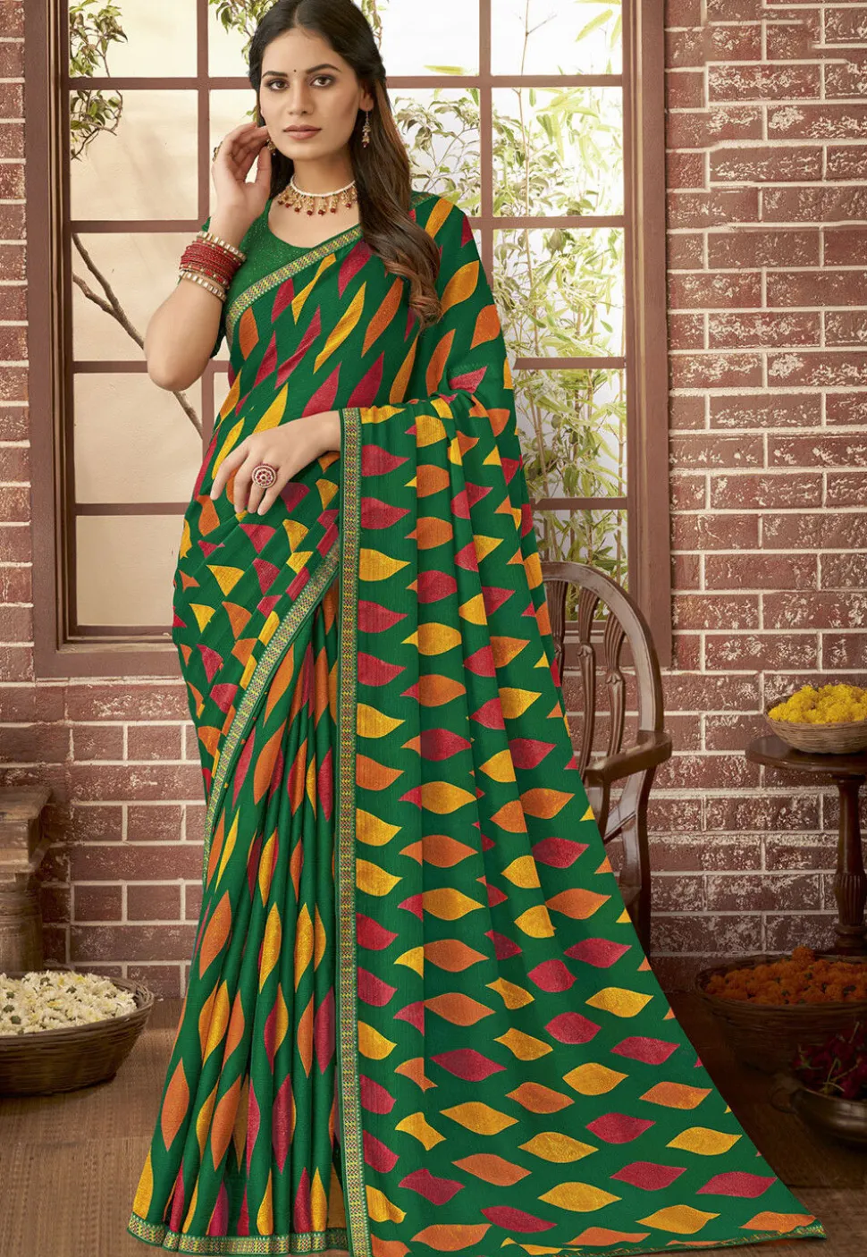 Digital Printed Georgette Saree in Green