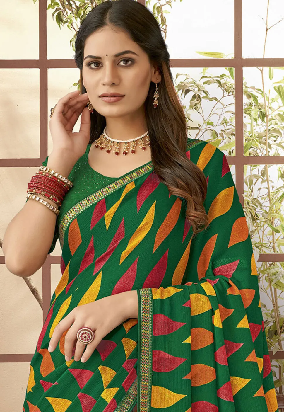 Digital Printed Georgette Saree in Green