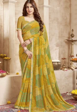 Digital Printed Georgette Saree in Mustard