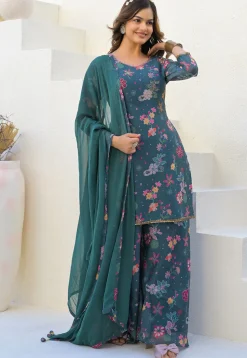 Digital Printed Georgette Pakistani Suit in Teal Blue