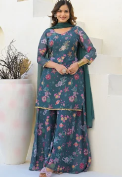 Digital Printed Georgette Pakistani Suit in Teal Blue