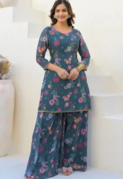 Digital Printed Georgette Pakistani Suit in Teal Blue