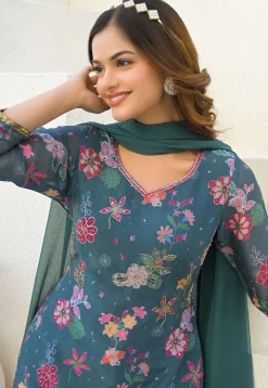 Digital Printed Georgette Pakistani Suit in Teal Blue