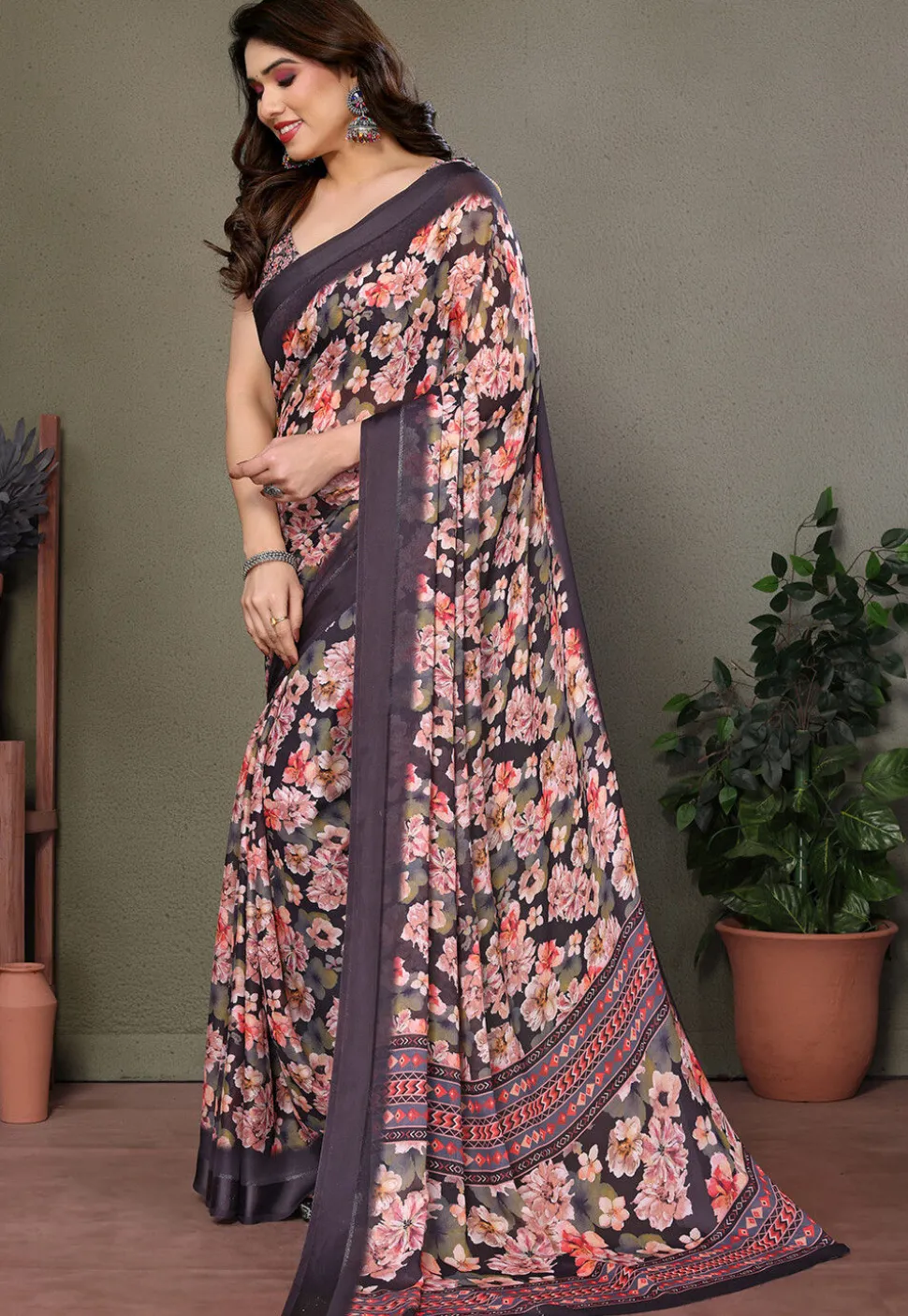 Digital Printed Georgette Saree in Black