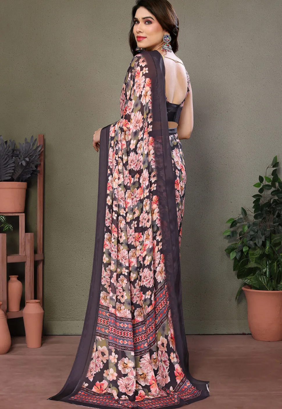 Digital Printed Georgette Saree in Black