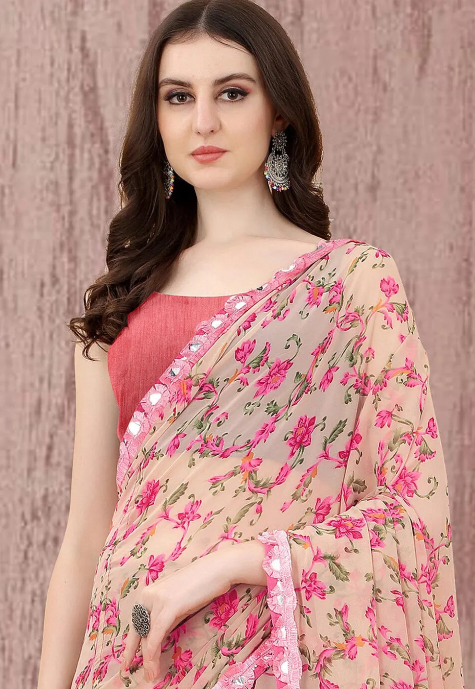 Digital Printed Georgette Saree in Beige