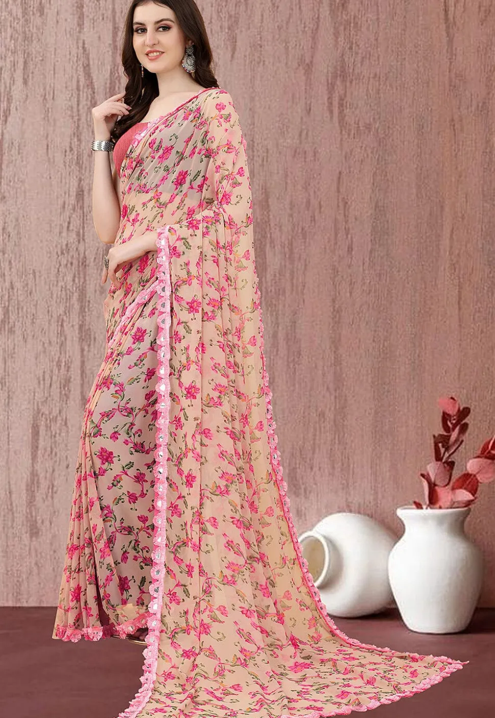 Digital Printed Georgette Saree in Beige