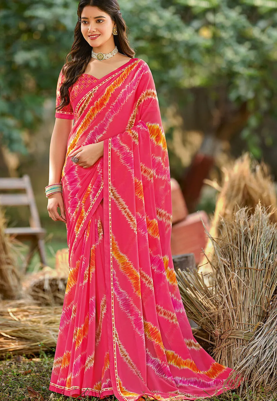 Digital Printed Georgette Saree in Pink
