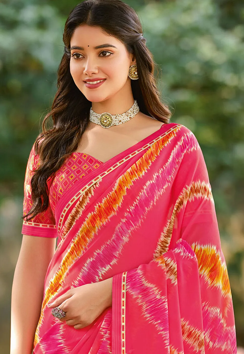 Digital Printed Georgette Saree in Pink
