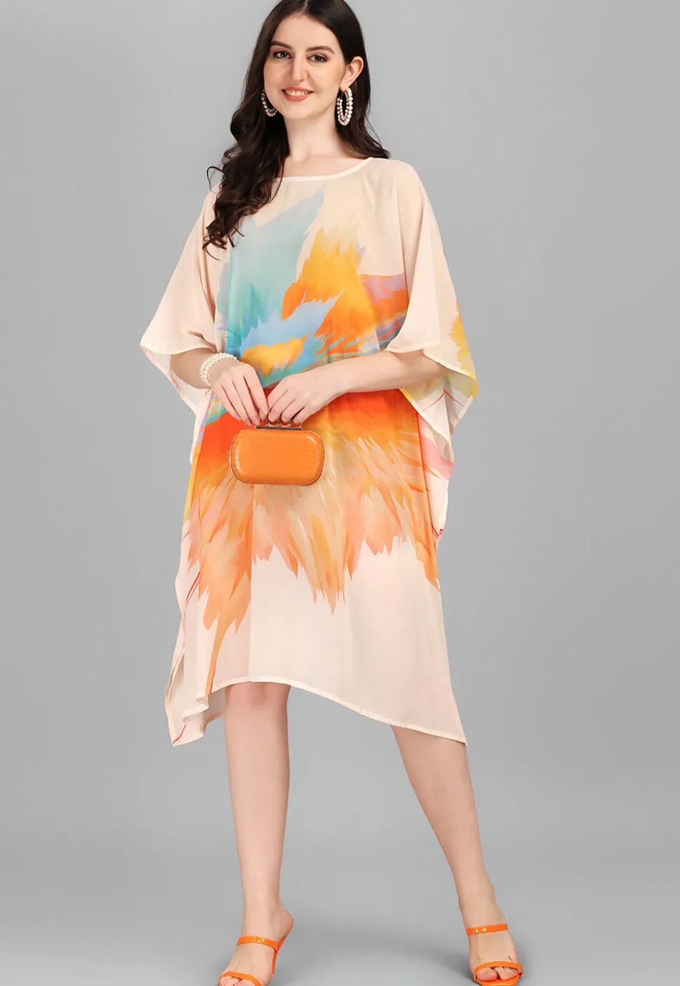 Digital Printed Georgette Kaftan in Cream