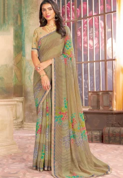 Digital Printed Georgette Saree in Beige