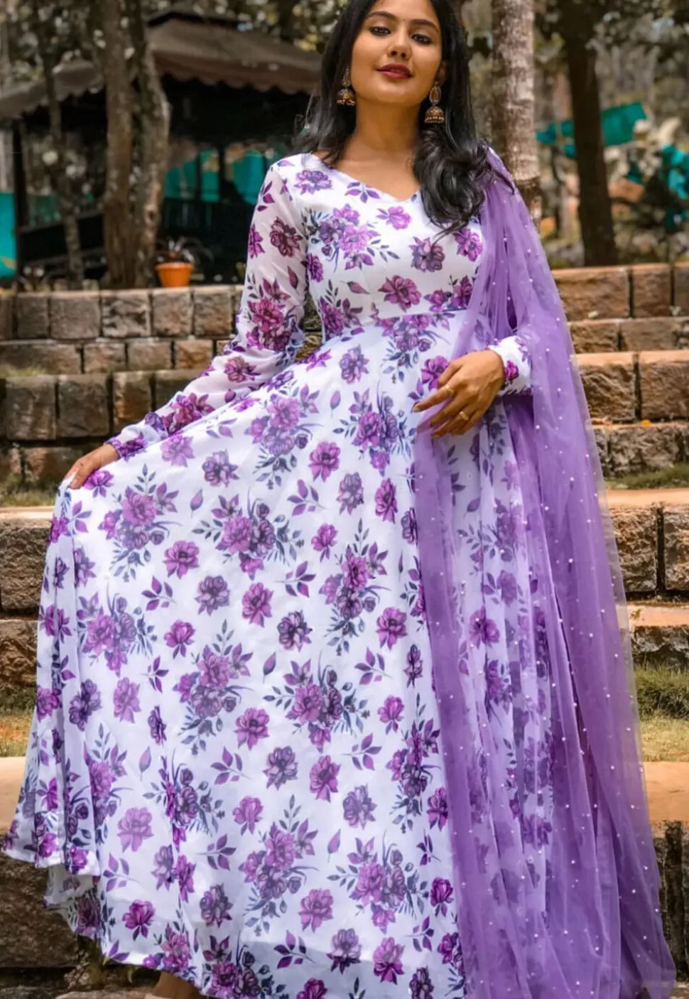 Digital Printed Georgette Anarkali Suit in Off White