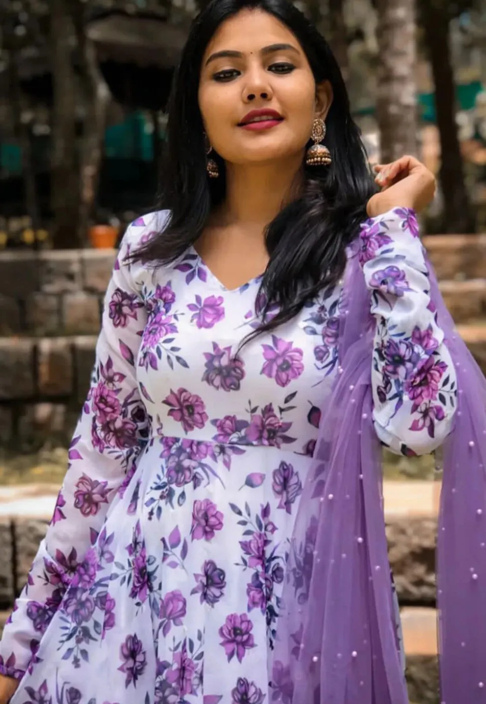 Digital Printed Georgette Anarkali Suit in Off White