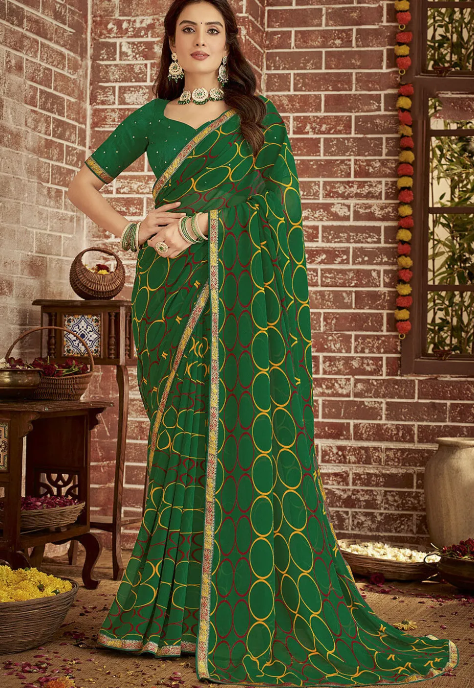 Digital Printed Georgette Saree in Green