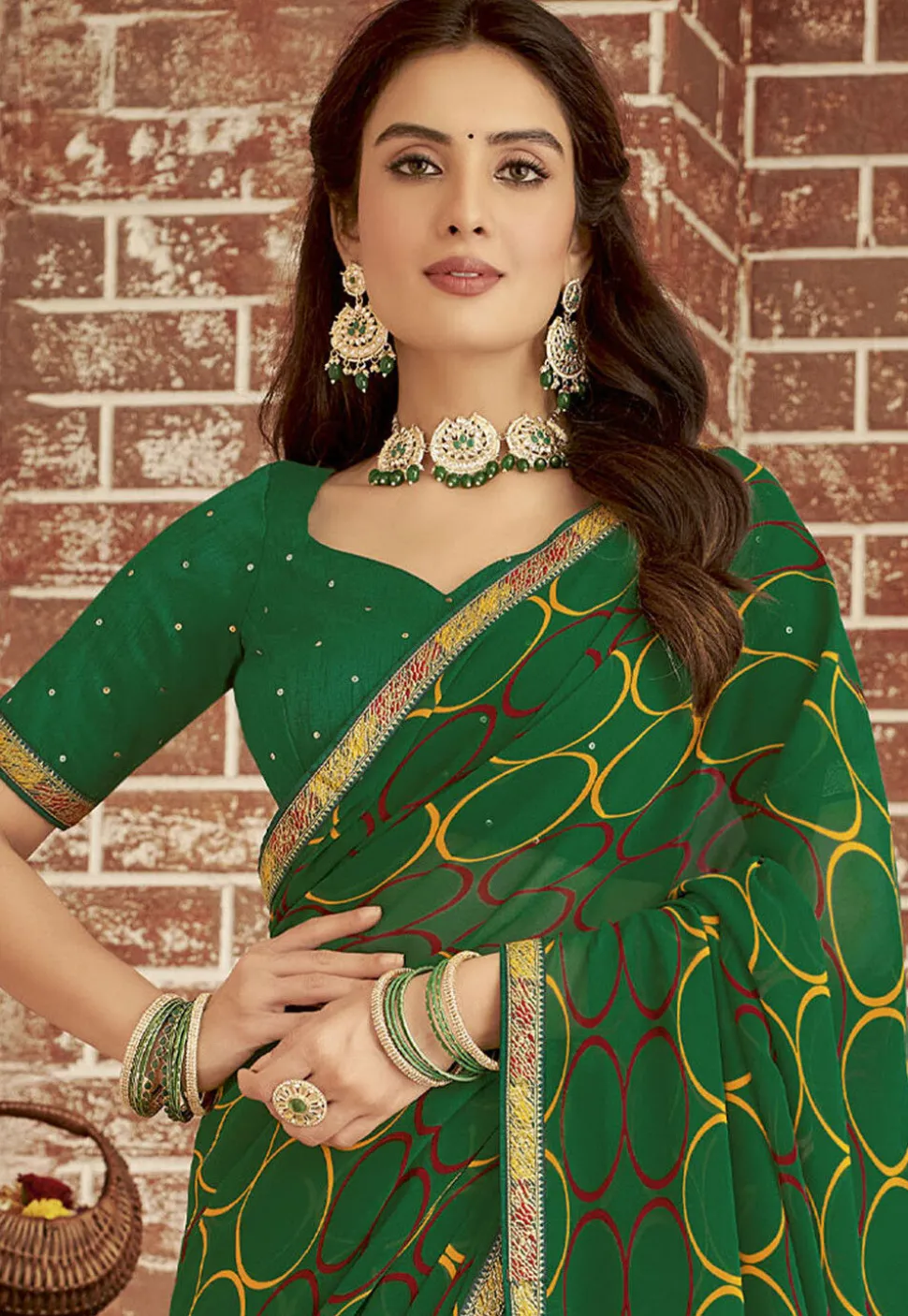 Digital Printed Georgette Saree in Green