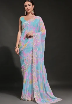 Digital Printed Georgette Scalloped Saree in Blue