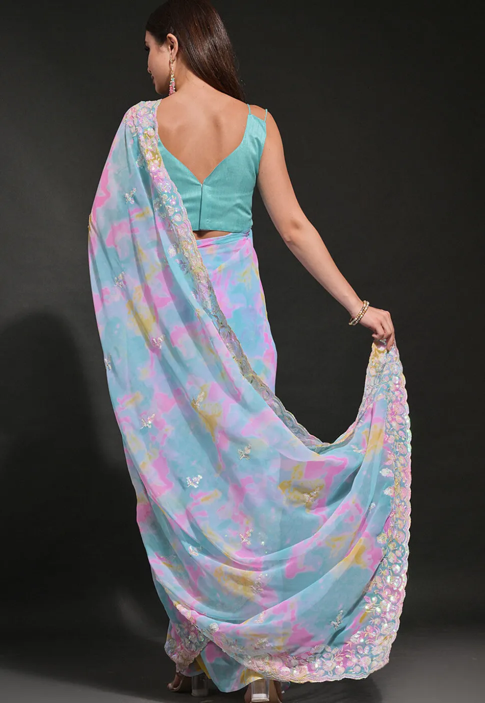 Digital Printed Georgette Scalloped Saree in Blue