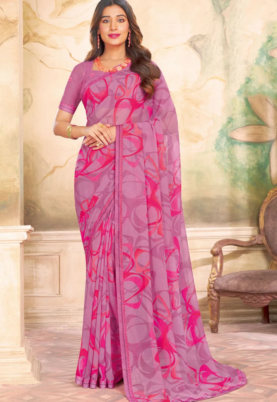 Digital Printed Georgette Saree in Purple