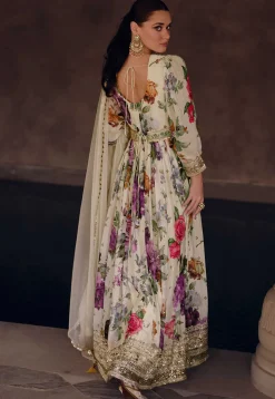 Digital Printed Georgette Abaya Style Kameez in Off White