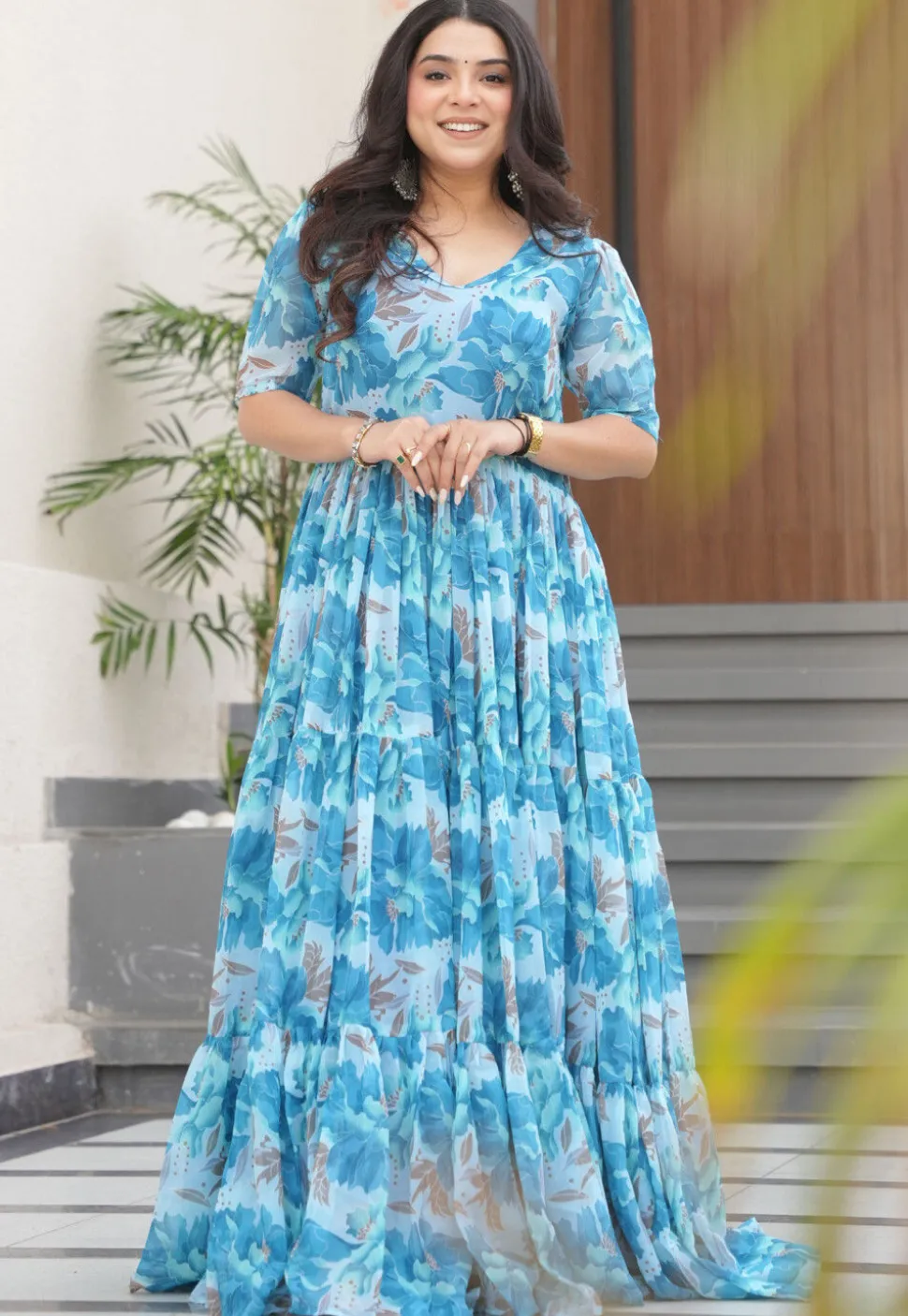 Digital Printed Georgette Tiered Gown in Sky Blue