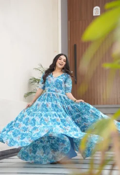 Digital Printed Georgette Tiered Gown in Sky Blue