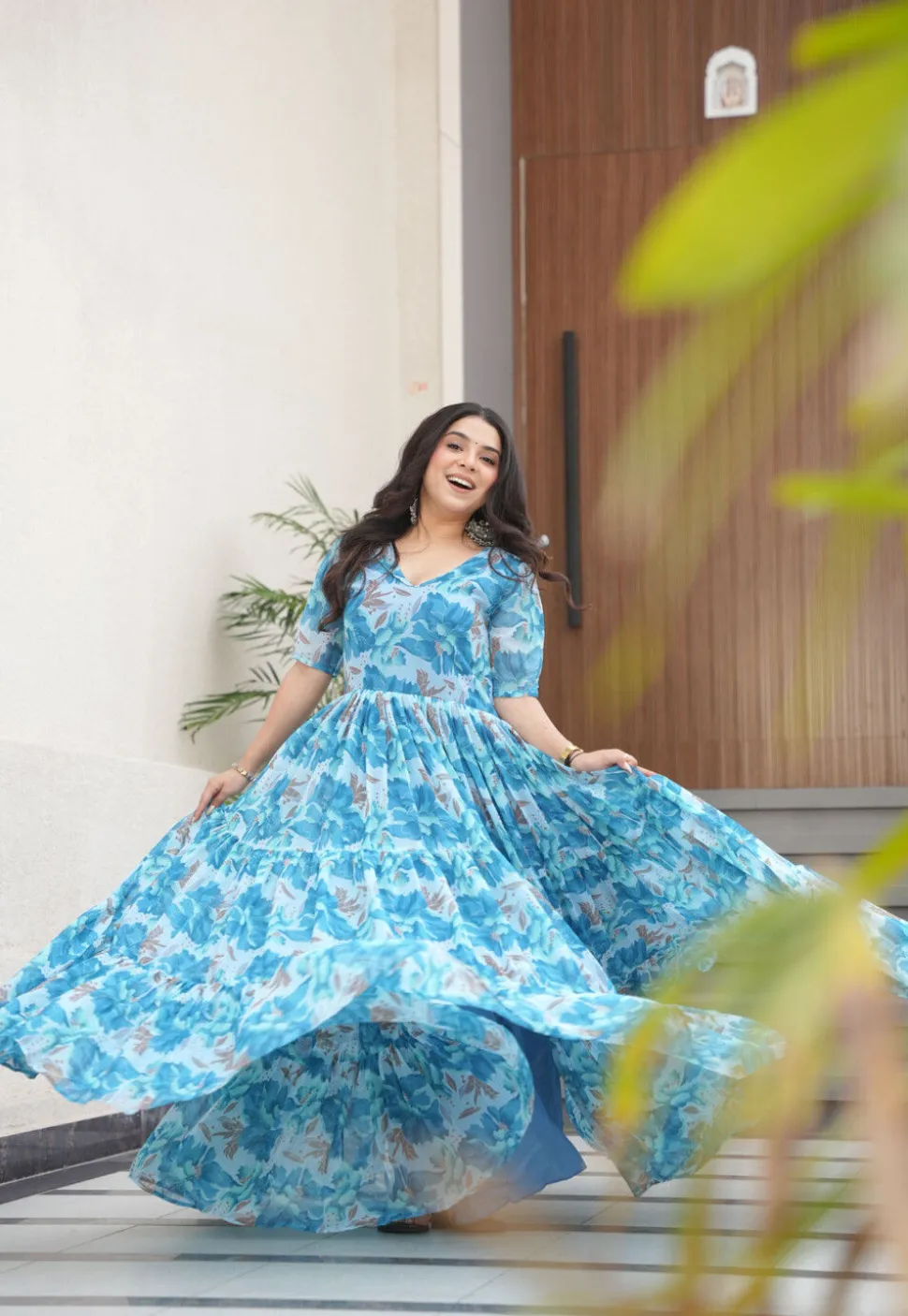 Digital Printed Georgette Tiered Gown in Sky Blue